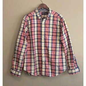 Nautica Size Large Mens Plaid Shirt Red Yellow Button Down Top Bright Classic